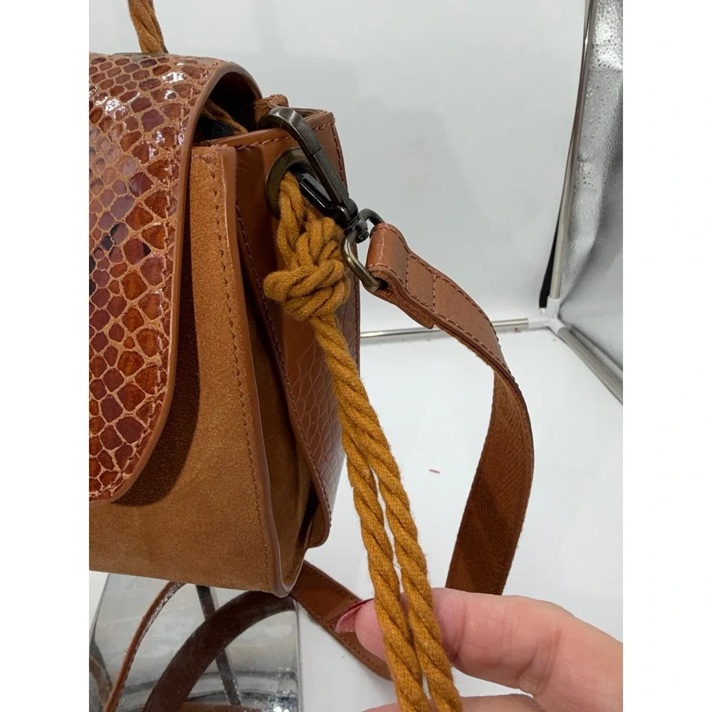 Free People Brown Suede Snakeskin Embossed Leather Crossbody Bag Rope Handle - Picture 3 of 12